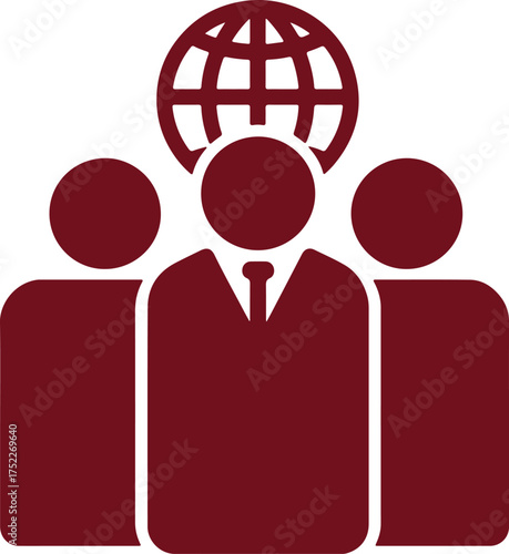 Three Maroon Human Figures with a Globe Icon Above the Central Figure Wearing a Tie on a White Background