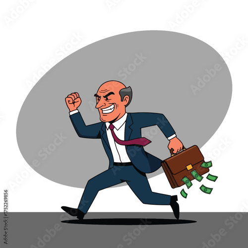 Cartoon businessman running with a briefcase full of money isolated on white background