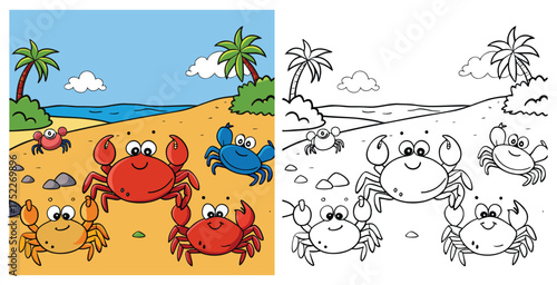 Cartoon Beach Crabs Coloring Page – Fun Ocean Scene with Palm Trees, Sand, Sea, Clouds in Outline and Colored Version for Kids