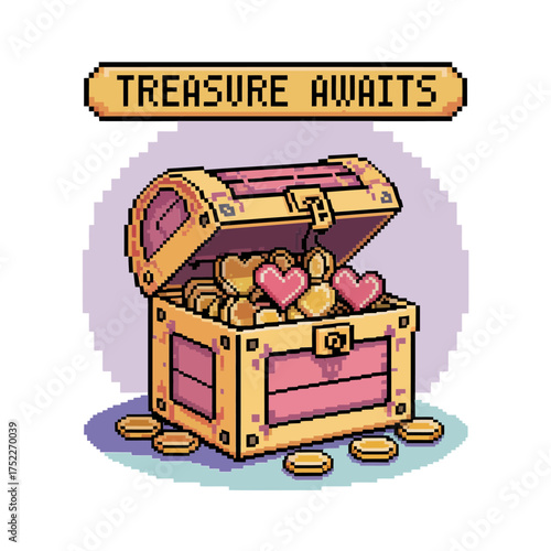 Treasure awaits chest, pixel coins and gems, adventure reward crate, fantasy quest loot, nostalgic arcade style graphic