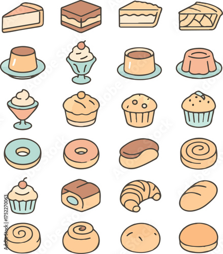 Vintage Retro Diner Dessert & Bakery Icons – Minimalist Pastel Vector Set
