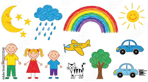 Vector art of a colorful collection of childlike drawings featuring a moon, stars, cloud, rainbow, sun, people, airplane, cat, tree, and cars