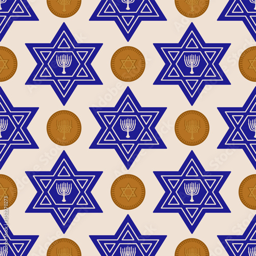 Vector Hanukkah seamless pattern with Menorah, Star of David and Gelt on warm cream background