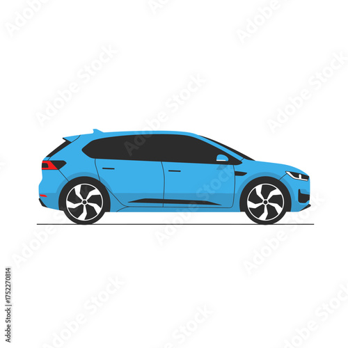 Modern blue hatchback car side view with stylish wheels transportation automotive vehicle concept isolated on white background