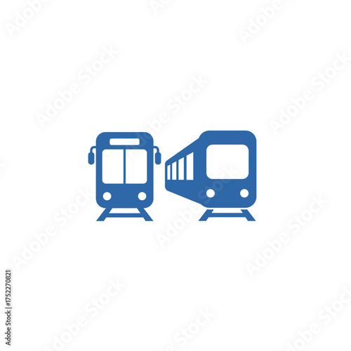 Two modern blue public transit trains on railway tracks side by side isolated on white background