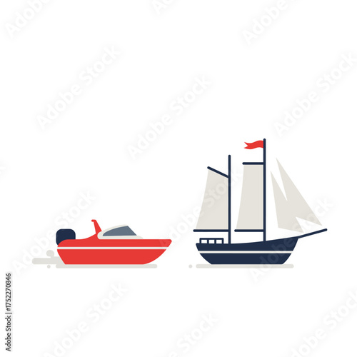 Two boats sailing on water a red speedboat and a sailboat with sails up isolated on white background
