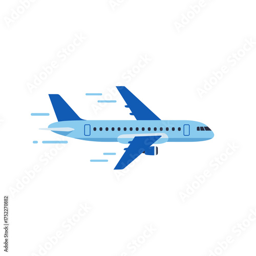 Detailed side view of a modern commercial jet airplane with blue accents and labels isolated on white background