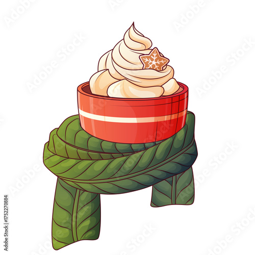 Vector warm cup with whipped cream wrapped in green knitted scarf. Cozy winter illustration symbolizing comfort, warmth, and holiday season mood.