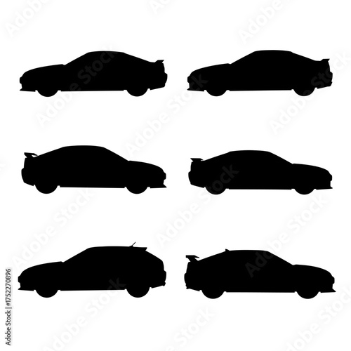 Collection of six distinct sports car silhouettes detailed in black showing aerodynamic designs isolated on white background