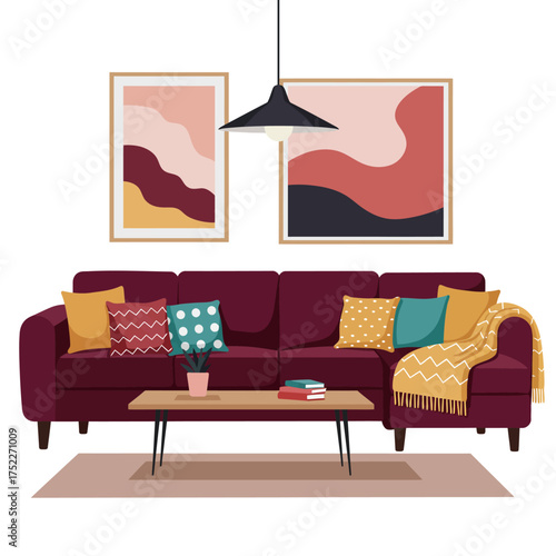 Modern living room scene with burgundy sectional sofa abstract art and pendant light isolated on white background