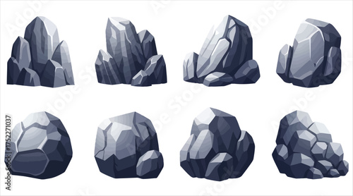 Vector art of collection of gray rocks and stones cartoon vector illustration of natural elements, boulders, and cobblestones for landscape design