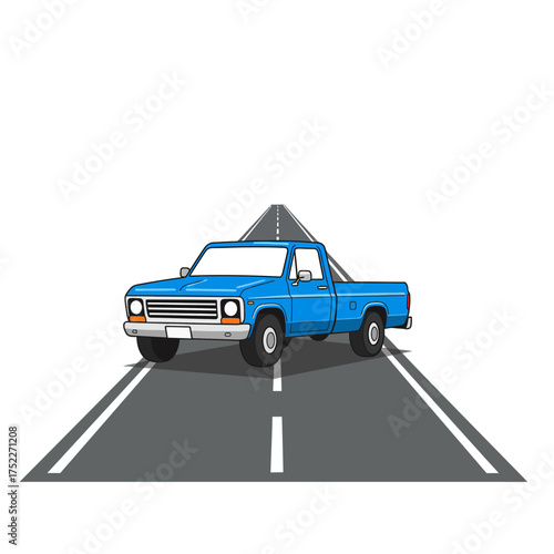 Classic blue pickup truck driving on an asphalt road towards a distant mountain isolated on white background