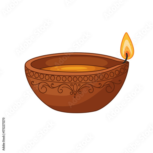 Clay diya lamp with flame for festive illuminations and cultural celebrations isolated on white background