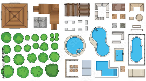 Vector art of overhead view of landscape design elements, including pools, trees, decks, patios, and furniture for creating custom outdoor spaces