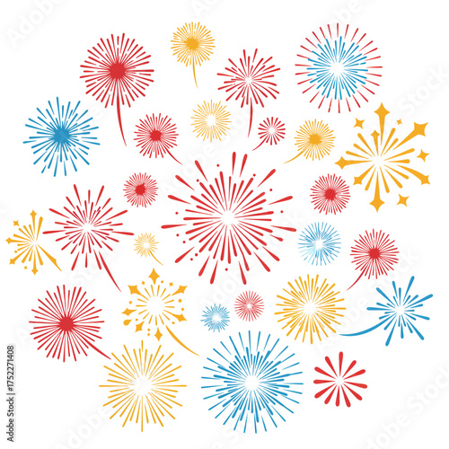 Vibrant bursting fireworks display creating festive celebration ambiance isolated on white background