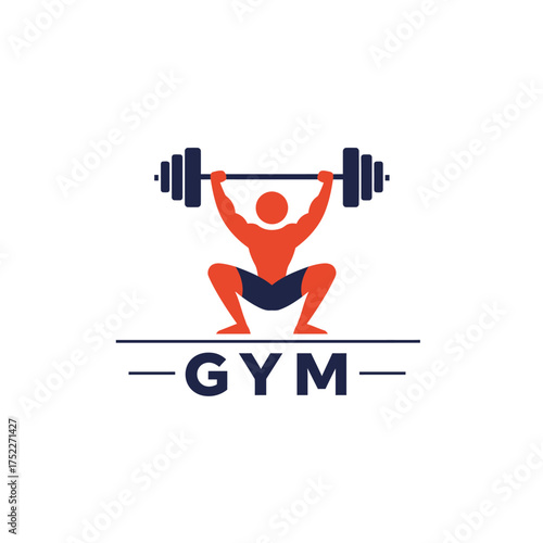 Dynamic gym logo design featuring a weightlifter performing a clean and jerk exercise and the word gym isolated on white background