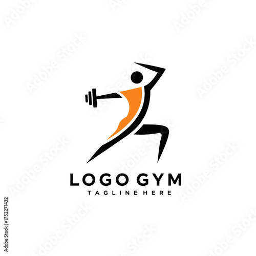 Dynamic fitness gym logo design featuring athletic figure lifting weights for health and strength isolated on white background