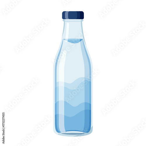 Clear glass water bottle with blue liquid and dark blue cap isolated isolated on white background