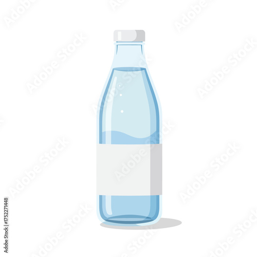 Clear glass bottle filled with refreshing water and blank label for customization isolated on white background