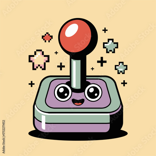 Cute joystick mascot, smiling face panel, star accents, retro arcade controller, fun gaming logo, bright vector illustration