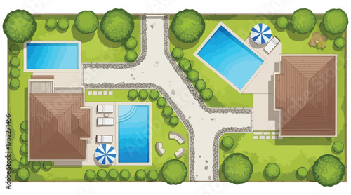 Vector art of overhead view of residential landscape design featuring houses, pools, trees, and pathways, showcasing a planned outdoor living space with multiple amenities