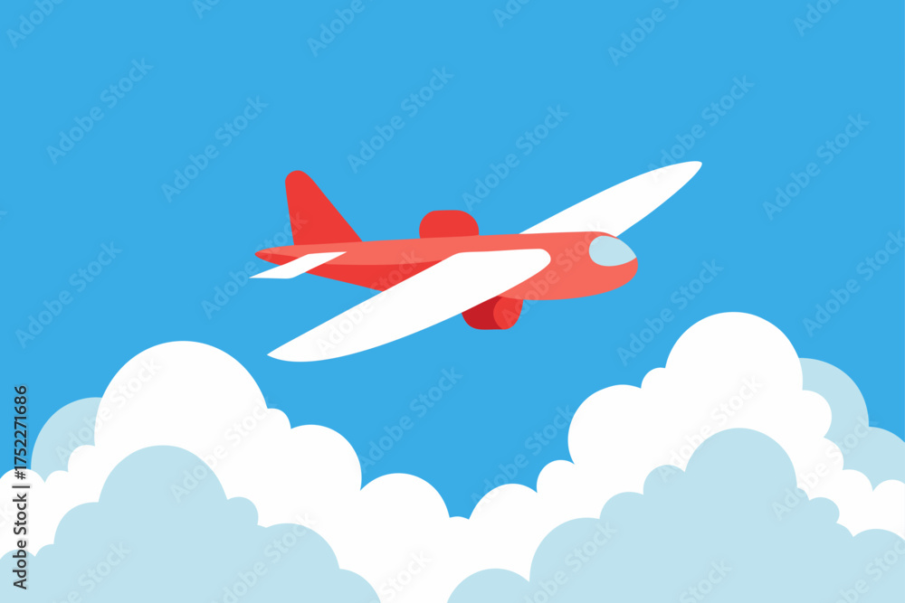 Fototapeta premium Red airplane flying through the sky with white clouds