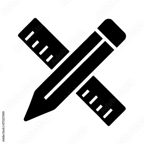 A simple black and white graphic icon representing a pencil and ruler crossed together symbolizing design drawing planning education and creativity