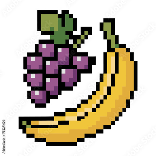 pixel bananas with grapes cluster, bold fruit duo, nostalgic arcade style, healthy snack graphic, colorful food vector