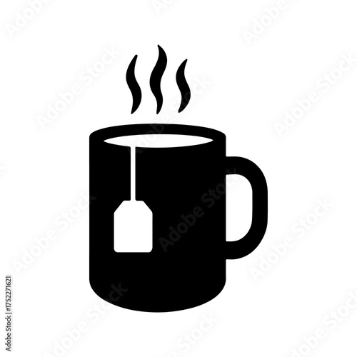 A simple black silhouette of a steaming mug with a tea bag representing a warm beverage perfect for relaxation or a cozy break