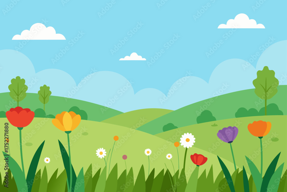 Fototapeta premium Landscape with flowers hills and clouds in the sky