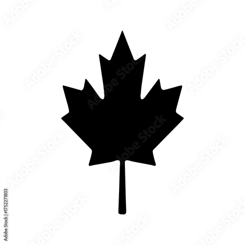 A stark black silhouette of a canadian maple leaf against a clean white background representing national identity and autumn symbolism