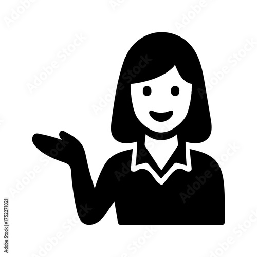 Stylized black silhouette icon of a friendly smiling woman with short hair gesturing with her open palm outward to the left