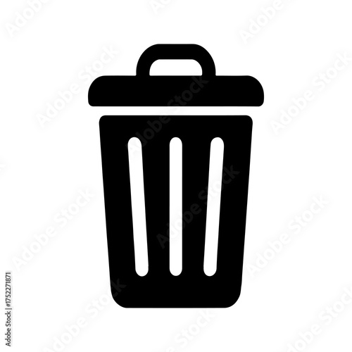 Simple black silhouette icon of a trash can with a lid and handle representing waste disposal and recycling concepts on a white background