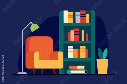 Cozy room with armchair bookcase and floor lamp