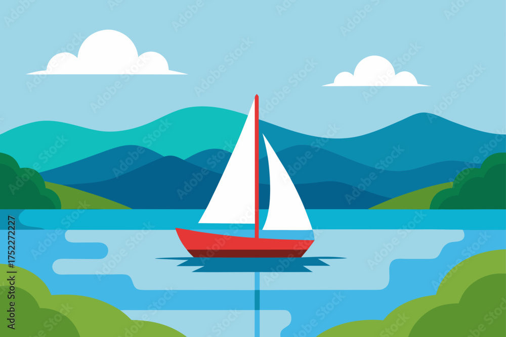 Naklejka premium Red sailboat sailing on a lake with mountain view