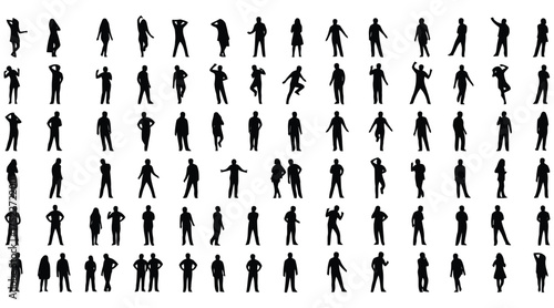 Vector art of a diverse collection of 80 human silhouettes in various poses, showcasing a range of activities and expressions against a clean white backdrop