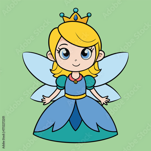 Cartoon Fairy Princess Illustration – Cute Magical Character with Crown, Wings, and Colorful Dress for Kids Fantasy and Educational Projects
