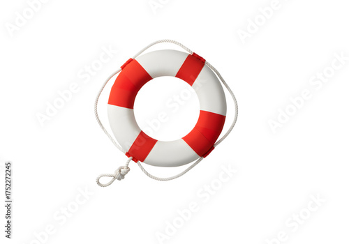 Red and white life preserver ring with rope png on transparent background