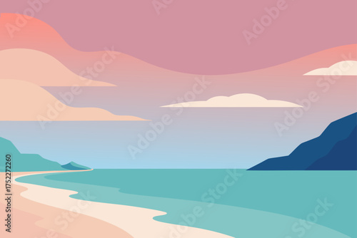 Pastel beach landscape with clouds and mountains