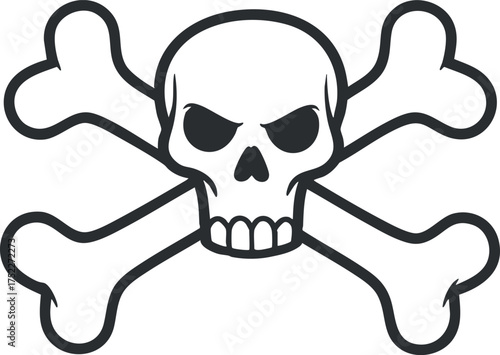 A stylized skull and crossbones symbol representing danger and piracy in a bold graphic design.