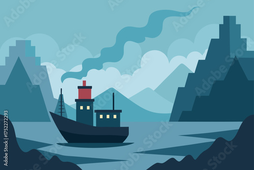 Cargo ship sailing through mountainous landscape view
