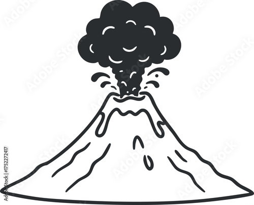 A graphic illustration of a volcano erupting with smoke and lava flowing down its sides.