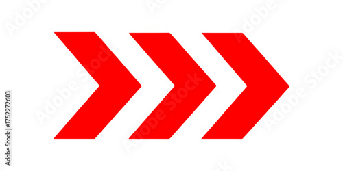 Red chevron arrows pointing right isolated on white background. High quality photo of three red chevron arrows pointing right isolated on transparent background.