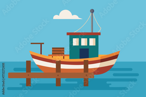 Illustration of a boat docked at a wooden pier side