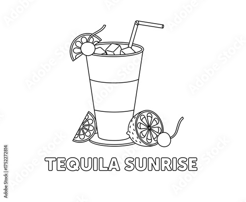 Tequila Sunrise cocktail coloring page. Hand-drawn vector illustration of a tropical drink with ice, citrus slices, cherry garnish, and straw.
