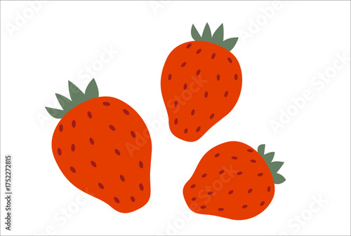 Strawberry fruit illustration. Flat vector design of three ripe strawberries with green leaves and seeds.