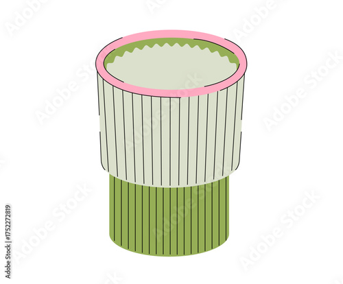 Matcha bamboo cup illustration. Flat vector drawing of a traditional Japanese bamboo tea cup with matcha and a pink rim.