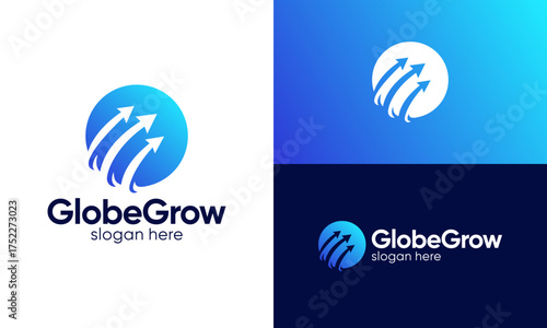 Global growth logo design vector illustration. Abstract globe design with arrow up graphic design. symbols for world trade, investment, finance. Icon, creative