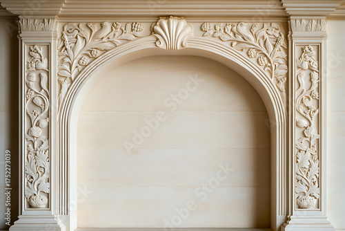 Elegant fireplace with intricate floral carvings, providing a focal point and adding a touch of classic sophistication to the room.