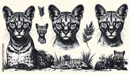 A monochrome illustration depicting various renderings of spotted jungle felines, including close-up faces and lounging body forms, amongst foliage